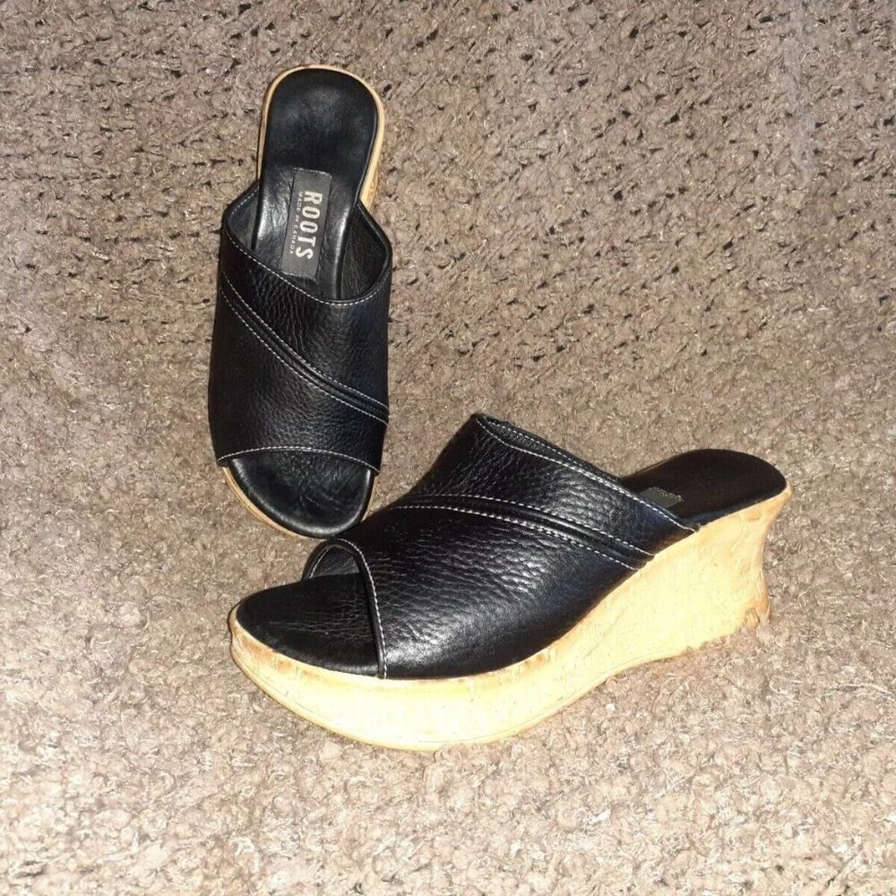 ROOTS Canada-Black Tribe Leather Slides-Cork Wedge Sandals-Mules-Sz 37-Excellent